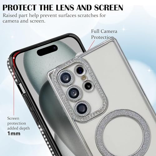 Image of for Samsung Galaxy Glitter Case,Luxury Bling Rhinestone Diamond Plated Bumper Case,MagSafe, Sparkle Camera Lens Protection Clear Back Cover (Silver, for Samsung Galaxy S25 Ultra)