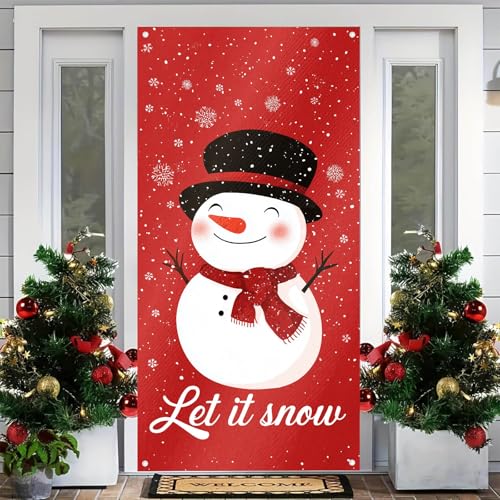 Image of BlissYard Merry Christmas Door Cover 71x35 Inch Front Porch Door Banners Decoration Winter Red Background Snowman with Hat and Scarf Winter Wonderland Theme for Sign Party Indoor Decor