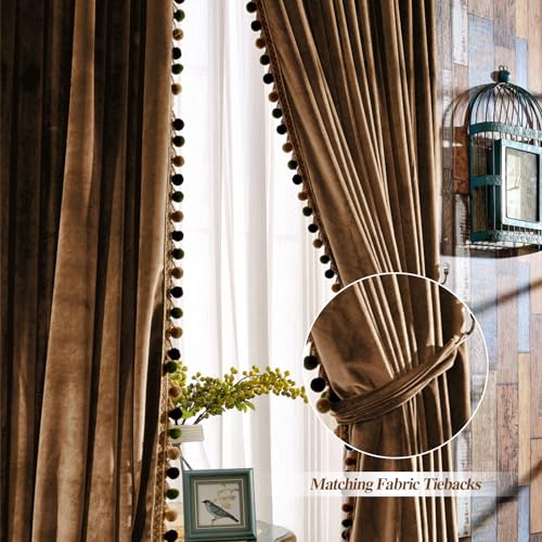 Image of Melodieux Pom Poms Velvet Blackout Curtains for Living Room Bedroom, Vintage Luxury Energy Saving Rod Pocket Thermal Insulated Lined Drapes, 52 inch W x 96 inch L, Golden Brown (2 Panels)
