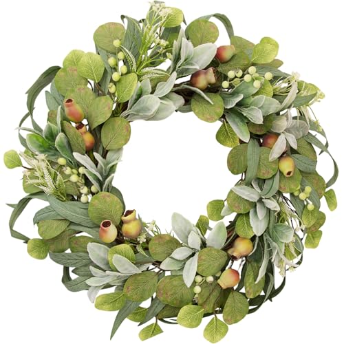 wwmira 22 Inch Artificial Eucalyptus Wreath for Front Door, Farmhouse Greenery Wreath with Lamb's Ear, Berries and Pears, Spring Summer Decor for Wall Porch Indoor Outdoor