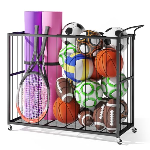 Ball Storage Bin Rolling Sports Ball Cart, Metal Garage Organizer Sport Rack, Ball Basket Storage, Ball Cage for Garage or Gym, Indoor & Outdoor Sports Equipment Organizer