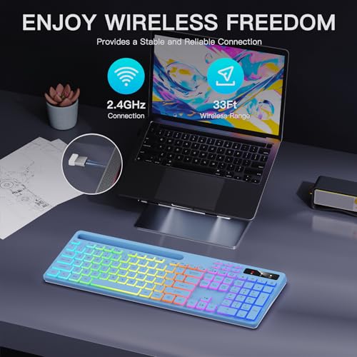 Image of Soueto Wireless Keyboard with 7-Color RGB Backlit, Full-Size Computer Keyboard with Phone Tablet Holder, 2.4G Rechargeable Gaming Keyboard with Light Up Keys, Compatible with Mac, Windows (Sky Blue)