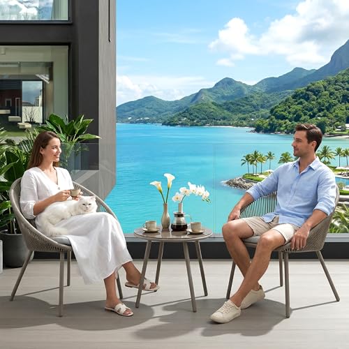 Image of BRISHI Garden Patio Seating Chair and Table Set Outdoor Balcony Garden Coffee Table Set Furniture with 1 Table and 2 Chairs Set with Cushion Braid & Rope (Light Grey.)