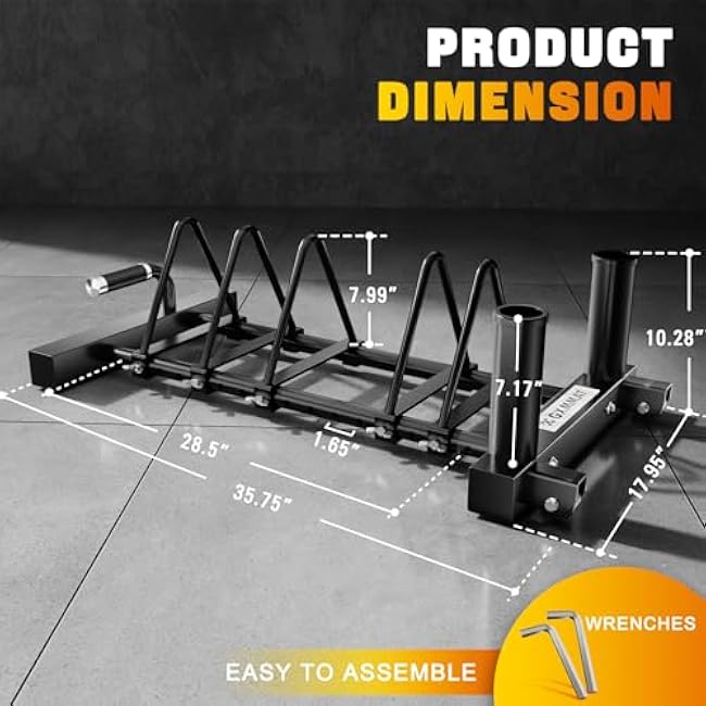 GXMMAT Horizontal Olympic Weight Plate Rack | 330lbs Capacity Powder-Coated Steel Frame | 4 Plate Storage Slots + 2 Barbell Holders | Adjustable Slot Spacing | Includes Wheels & Non-Slip Handles