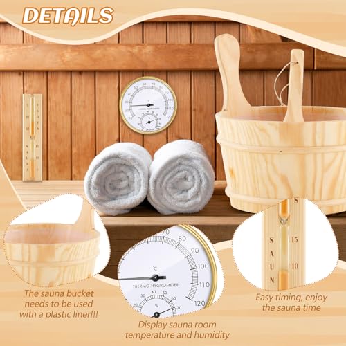 4 Pcs Sauna Accessories Set Include Wooden Sauna Bucket (With Plastic Liner) with Ladle 2 in 1 Thermometer Hygrometer Hourglass Timer Kit for Steam Room Bathroom, 4L (1 Gallon) Water Capacity - Thumbnail 3