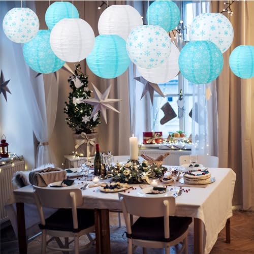 Image of Panelee 12 Pcs Winter Party Decorations Paper Lanterns 8 Inch Blue White Round Hanging Paper Lanterns for Winter Office Classroom Decorations Indoor Outdoor