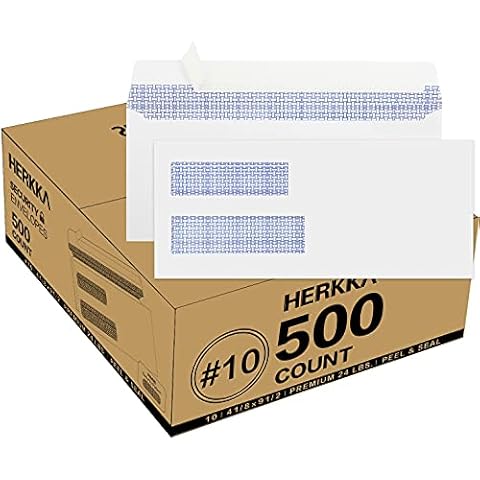 500 Pack #10 Double Window Security Self-Seal Envelopes - Suitable Size for Multiple Business Statements, Quickbooks Invoices, and Return Envelopes, Size 4-1/8 x 9-1/2 - White - 24 LB Cover