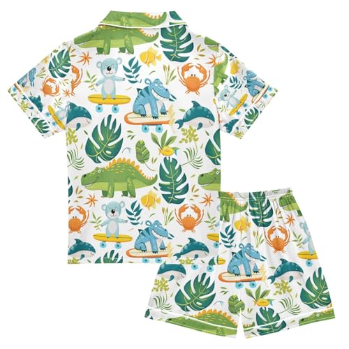 senya Forest Skateboard Dinosaur Satin Summer Pajama Sets Silk Short Sleeve Button Down Sleepwear2