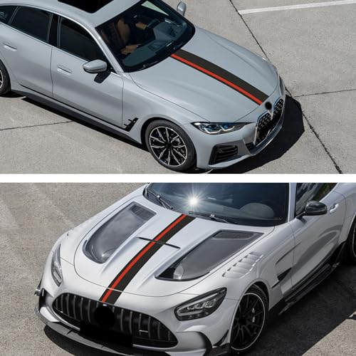 Image of TOMALL 55''x7'' Car Hood Sticker Auto Racing Body Side Skirt Roof Hood Bumper Stripe Decal Carbon Fiber Vinyl Modified Stripe Decal Decorations for Car (Carbon Fiber+Red)