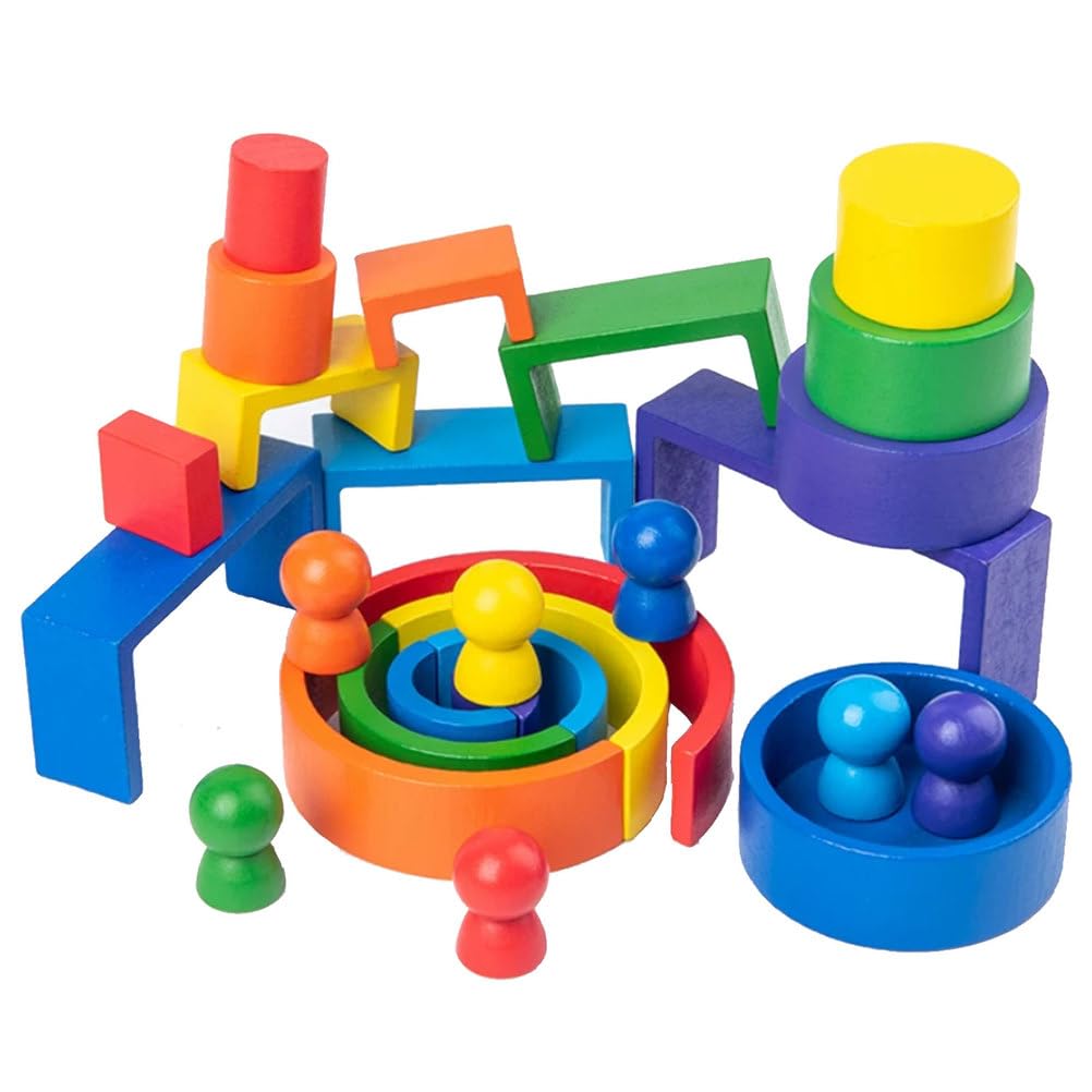 Ensemble de Blocs de Construction Arc-en-Ciel en Bois Montessori