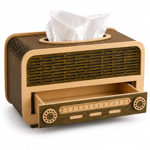 Image of Retro Radio Wooden Tissue Box with Storage Drawer MDF Napkin Holder for Home, Office & Car Vintage Desktop Organizer