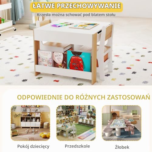 COSTWAY Stolik dziecięcy z 2 krzesłami, 3-częściowy zestaw mebli dziecięcych z drewna z odwracalnym blatem, regał na książki i pudełka, stolik do malowania dla dzieci z miejscem do przechowywania dla