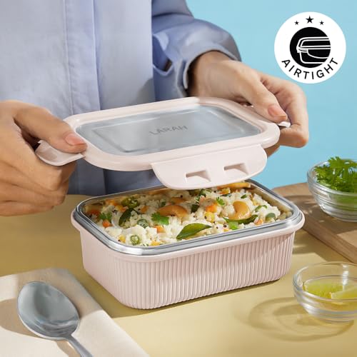Image of Larah by BOROSIL Freshbyte Food Storage Container with Airtight Stainless Steel Lid | Fridge Container for Lunchbox | Food Grade | Microwave Safe (Beige, 400 ml, Rectangular)