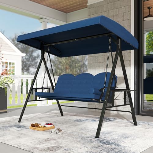 Image of Tangkula 3 Person Porch Swing, Outdoor Swing with Adjustable Canopy, Thickened Cushions & Pillow, Metal Frame, Foldable Side Tray for Backyard, Garden and Poolside (Navy)