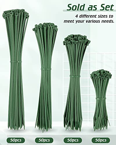 4 Sizes 200Pcs Cable Zip Ties, Idemeet Heavy Duty Pa66 Plastic Wire Ties, 12+10+8+4 Inch Premium Self-Locking Nylon Cable Ties Decoration Tie Wraps For Fencing Gardening Farming Grid Wall, Dark Green #TOP5