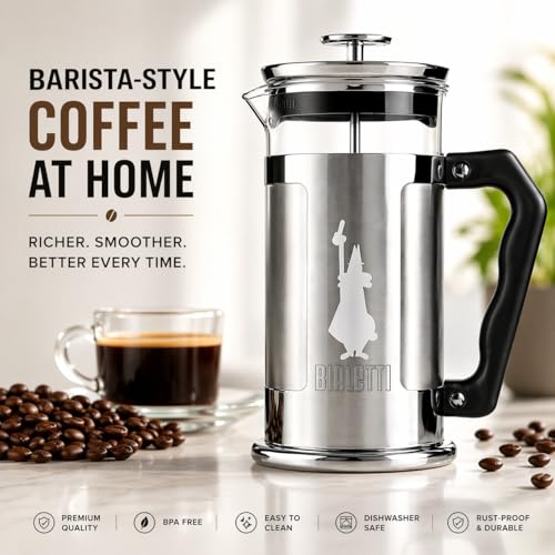 Bialetti Kaffeepresse Preziosa, French Press Filter für Kaffee oder Tee, Gehäuse aus Edelstahl und Behälter aus Borosilikatglas, spülmaschinenfest, 1 Liter, 8 Tassen, Silber – Bild 2