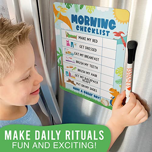 Image of Magnetic Morning & Bedtime Routine Chart for Kids - Customizable Toddler Daily Schedule Board with Dry Erase Surface, Stickers & Marker, Build Habits with Visual Checklists, Dinosaur Theme
