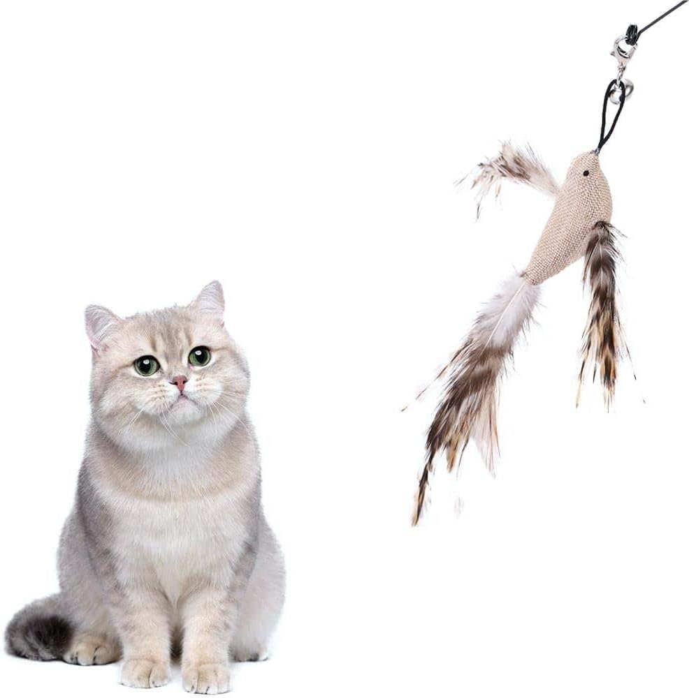 WsjiaboFux Cute Cat Feather Toys, Interactive Cat Toy with Feather Refills, Cat Wand Toy for Indoor Interactive Cat Feather Toys Pet Supplies (Burlap Bird)