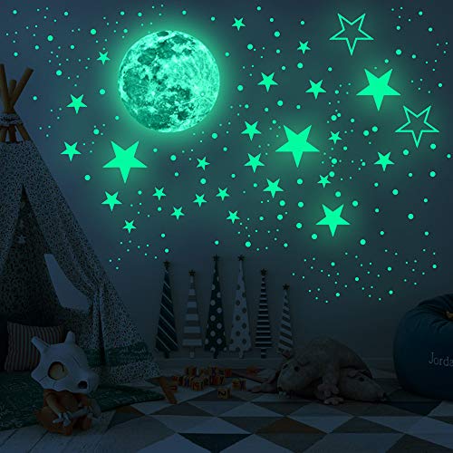 Luminous Wall Decals Ceiling Stickers Glow In The Dark Moon And Stars Starry Sky Shining Decals Room Decoration Perfect Gifts For Kids Bedroom Bedding Room, 1 Moon + 436 Stars And Dots #TOP5