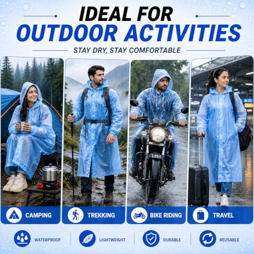 Image of Full Length Waterproof Raincoat for Men & Women | Hooded Transparent Rain Wear with Sleeves | Reusable Long Rain Jacket for Bike Riding, Travel, Camping & Monsoon Protection