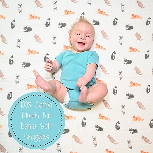 Image of LollyBanks Muslin Swaddle Blankets 2PACK, 100% Cotton Baby Blanket 47 x 47 Inches, Large Baby Swaddle Breathable, Muslin Blankets for Boys and Girls (Cat and Dog Print)