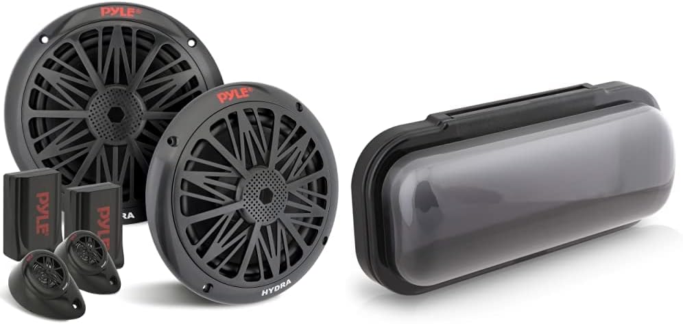 Pyle 200 Watt Marine Boat Speaker System Weather Proof Dual 2 Way 6.5Inch Outdoor Speakers w/85Hz-6kHz Frequency Response, Heavy Duty 8oz Magnet Structure PLMR6KB & Water Resistant Marine Stereo Cover