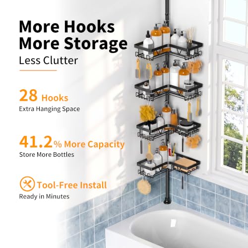 Image of KEGII Corner Shower Caddy Tension Pole - Shower Tension Rod Organizer, Floor to Ceiling Shower Caddy 25-114.2 inch, Towel Rack Corner Waterproof, Black