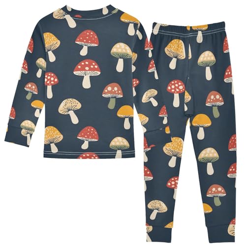 ALAZA Mushroom Red Yellow Blue Pajamas Long Sleeve Sleepwear 2-Piece Pajama Set2