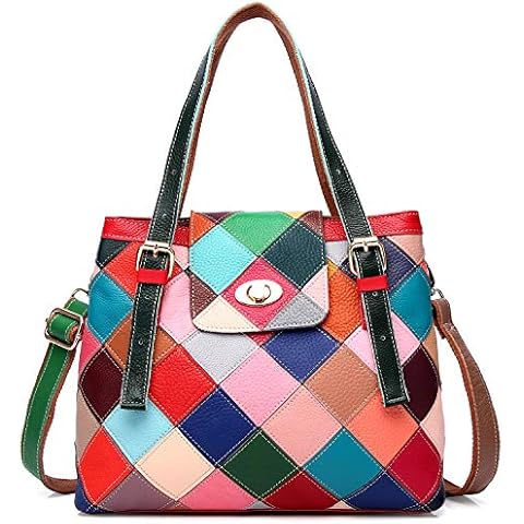 Segater® Women Multicolor Tote Bag Genuine Leather Colorful Square Stitching Handbag Purse Ladies Bohemian Design Handbag Vintage Patchwork Crossbody Bags (Multicoloured) Cover