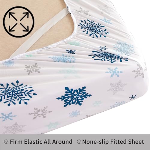 Image of Mooreeke Christmas Holiday Full Sheets, Snowflake Printed Full Bed Sheet Set with Deep Pocket Non-Slip Fitted Winter Sheet