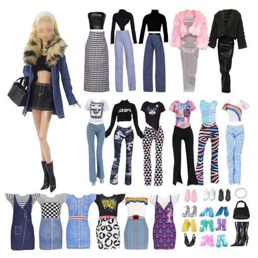 Set di 18 vestiti per bambola, elegante con colletto in pelle di jeans, mantello in pelliccia, abbigliamento sportivo per la casa