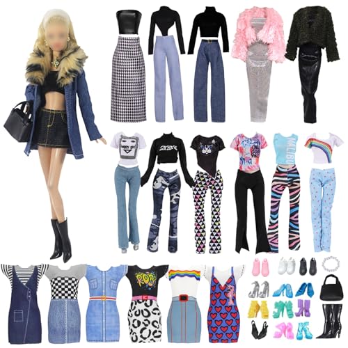 18 casaco de roupa para bonecas compatível com Barbie, inclui elegante gola de pele jeans conjunto de mil pássaros conjunto de casaco de pelúcia conjunto de roupa desportiva para casa 5 sapatos 2