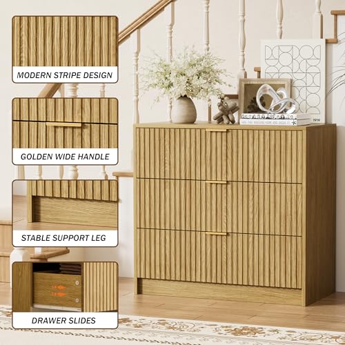 Image of Furniway 31.5 inch Large Nightstand with 3 Drawers, Fluted Bedside Table, Modern Tall End Table with Storage, Wood Night Stand Organizer Cabinet for Bedroom, Natural Oak