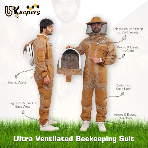 Image of 3-Layer Ultra Ventilated Sting Proof Bee Suit for Men & Women - Premium Beekeeping Suit with Bee Gloves & Two Detachable Beekeeping Veils (Brown S)