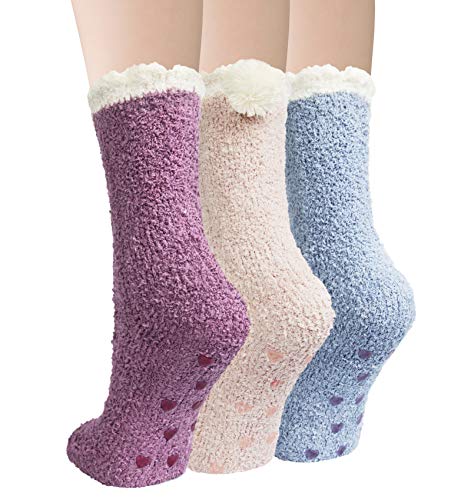 Justay 3 Pairs Womens Winter Fuzzy Socks Anti-Slip Warm Fluffy Socks Microfiber Cozy Slipper Socks Home Sleep Gifts for Women(Multicoloured)