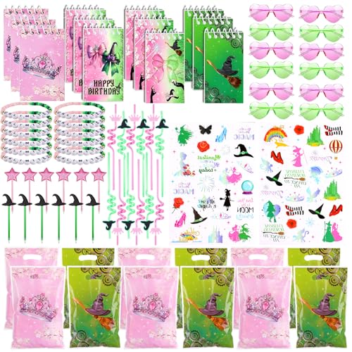 74 Pcs Pink and Green Witch Party Favors Wicked Party Favor Goodie Bag Stuffers with Sunglasses Notepad Temporary Tattoos Bracelets for Kids Girls Princess Witch Themed Birthday Party Decorations