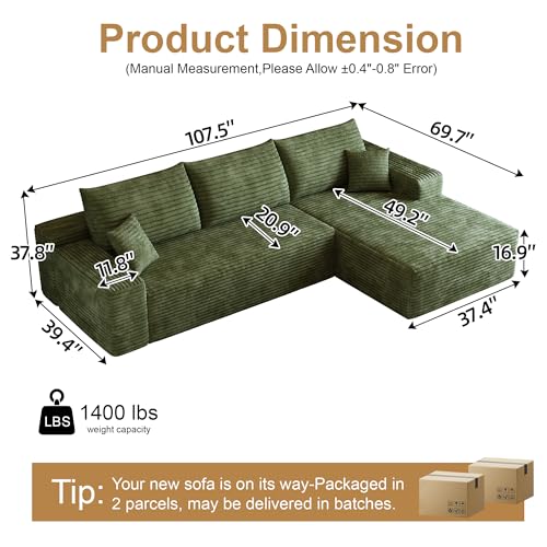 Image of 96 inch Sectional Couches for Living Room Cloud Couch Sofa with L-Shape Upholstered Boneless Couchs Modern Modular Sectional Couch with Chaise