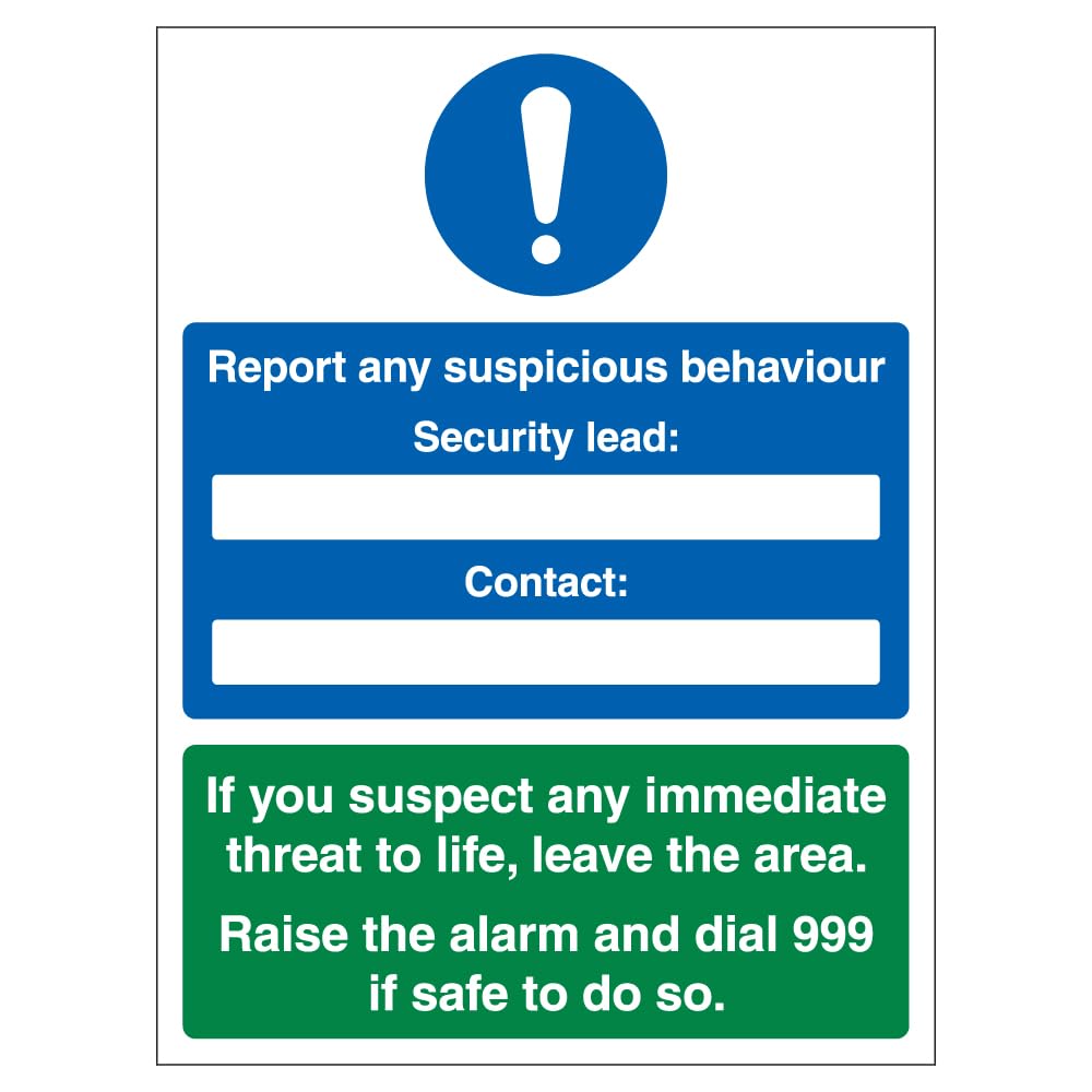 V Safety Report Any Suspicious Behaviour 300 x 400mm - 1mm Rigid Plastic Safety Sign