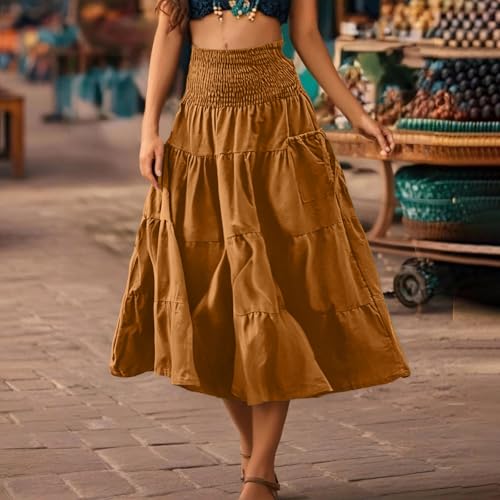 Long Skirts for Women Summer Boho Skirts Trendy Elastic Waist Skirt Pleated Tiered Cotton Maxi Skirt with Pockets4