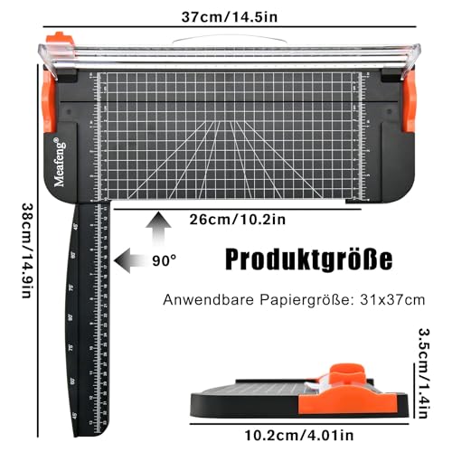 Meafeng® Papierschneider A4 mit 2 Klingen Papier Schneidemaschine Schneidegerät Papier Cutter mit Automatischer Sicherheit Schutz und Verlängerungslineal, Fotos, Coupons und Etiketten (Schwarz)