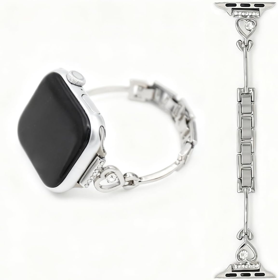 Dainty Heart Charm Metal Band for Apple Watch 38mm 40mm 41mm 42mm 44mm 45mm 46mm 49mm, Stainless Steel Slim iWatch Bracelet with Rhinestones for Women Girls ,Elegant Dressy Replacement Strap for iWatch Series Ultra 11/10/9/8/7/6/5/4/3/2/1 SE