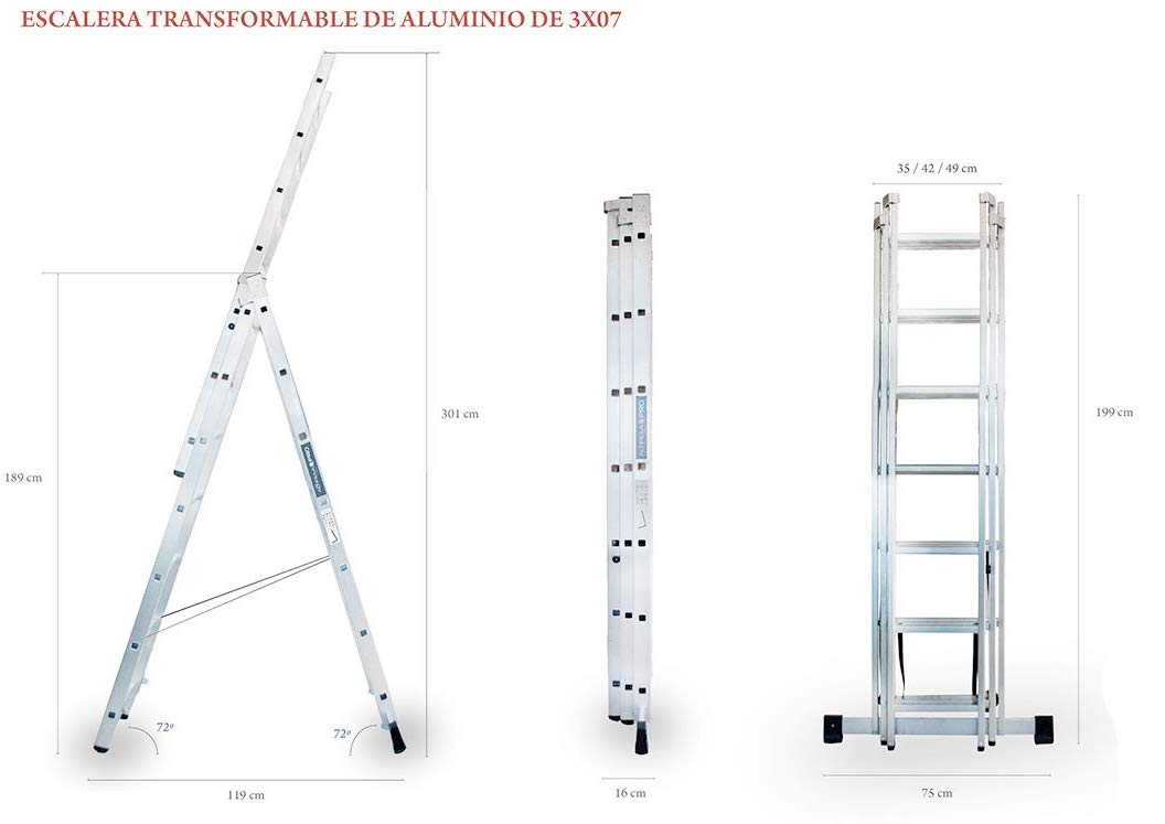 Escalera Profesional de Aluminio Triple Tijera un Acceso con Tramo Extensible 3 x 7 peldaños Serie Triple