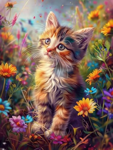 Coffret Cadeau Broderie Diamant Chat et Fleurs 60x80cm pour Créatifs