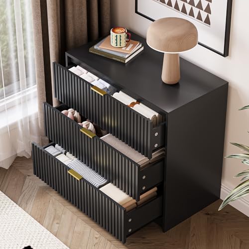 Image of MAISONARIA Black Fluted Dresser for Bedroom, 32 Inch Wide Nightstand with Large Drawer, 3 Drawer End Table for Bedroom, Living Rooms, Offices, and Entryways