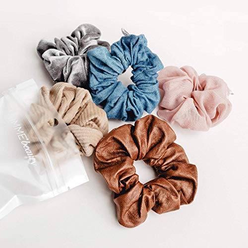 Gimme Beauty - Hair Scrunchies Variety Pack - Denim, Corduroy, Faux Leather, Blush, And Velvet Scrunchies - Gentle All Day Hold Hair Styling Accessories - No-Slipping, Snagging Or Creasing (5 Count) #TOP28