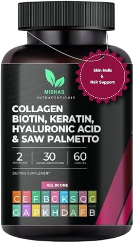Multi Collagen Hair Pills – Biotina 10,000 mcg, queratina y ácido hialurónico – Crecimiento del cabello – Piel y uñas Vitaminas y bloqueador de DHT