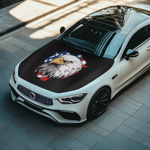 Image of Car Hood Cover Protector Stretchable Car Hood Wraps Auto Banner Eagle and American Flag Auto Decorative Accessories for Compact Sedans SUV Trucks (59x39 Inch)