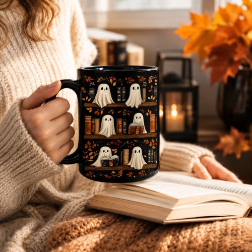 Hyturtle Cute Ghost Read Book Mug - Black Coffee Cup Ceramic Mug 15 Oz And Keychain - Book Gifts For Women Lover - Bookish Gift For Bookworm Librarian - Inspirational Librarian Present For Halloween - Image 2