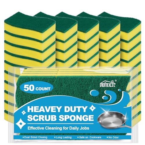 Image of HOMEXCEL Sponges Kitchen 50pcs Heavy Duty for Dishes, Yellow Scrub Cleaning Sponge for Non-Coated Cookware, Dishes, Pots, Pans, Dual Sided Dish Sponge for Kitchen, Household, Bathroom