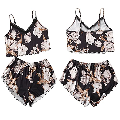 Soly Hux Women's Sexy Pajama Set Floral Print Lace Trim Cami Top And Shorts V Neck Ruffled Nightwear Sleepwear Black L #TOP6